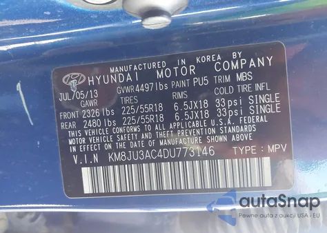 2013 Hyundai Tucson Limited z USA, uszkodzony, nr VIN KM8JU3AC4DU773146